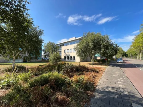 Kantoorgebouw in Leidse Rijn met omliggend groen en een rustige straat op een zonnige dag.